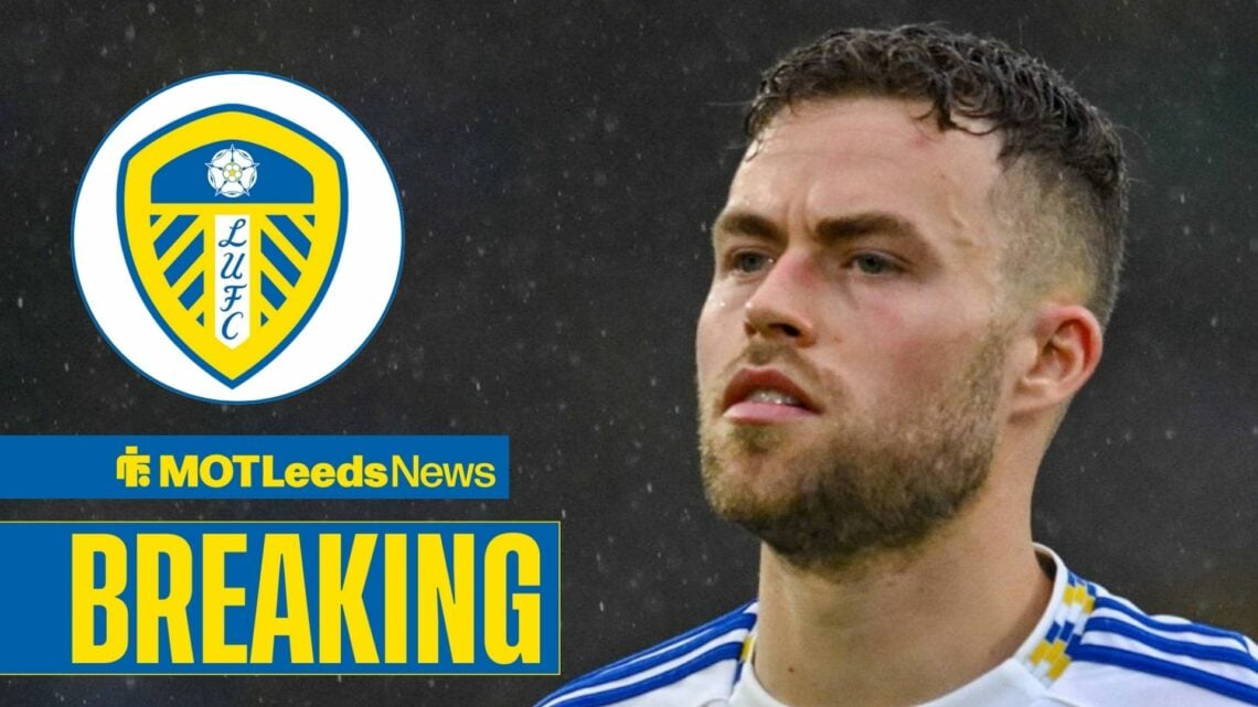 Gabriel Gudmundsson in action and Leeds United badge in circular inset