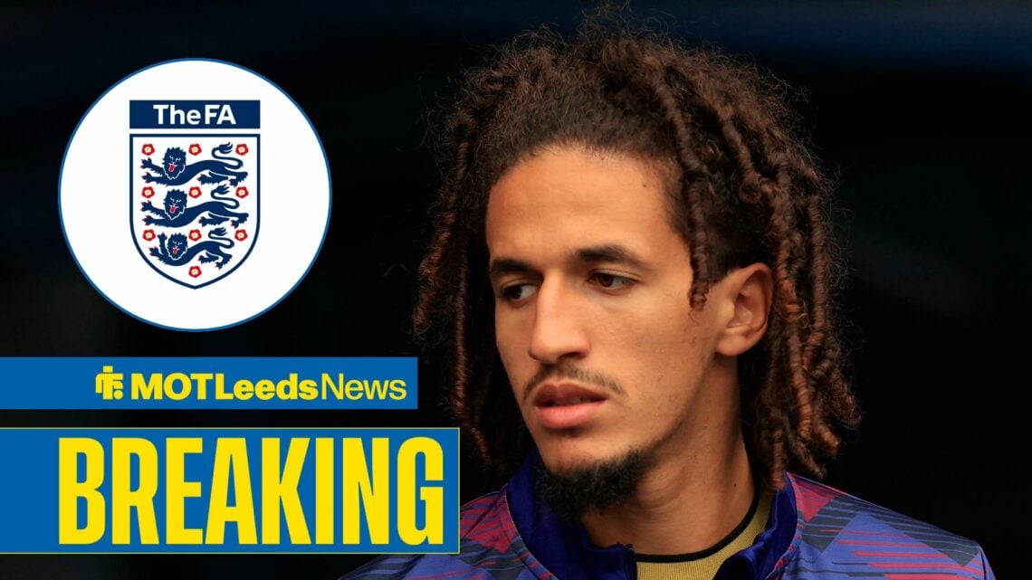 Burnley star Hannibal Mejbri has been charged with spitting at Leeds fans, FA badge in inset.