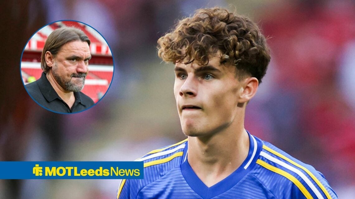 Harry Gray in action for Leeds United in pre-season, as manager Daniel Farke looks pensive in a circular inset.