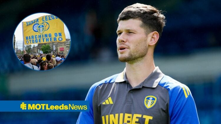 Leeds United goalkeeper Illan Meslier stares into the distance before a game, as fans wave a flag in a circular inset.