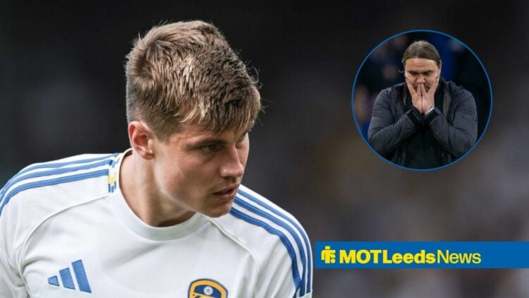 Leeds United star Jaka Bijol looking upset, Daniel Farke in inset.