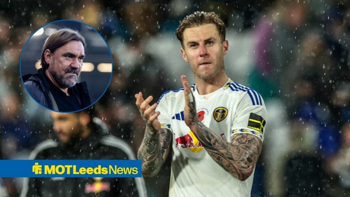 Leeds United star Joe Rodon clapping, Daniel Farke in inset.