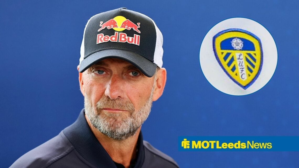 Jurgen Klopp looking neutral, Leeds United badge in inset.