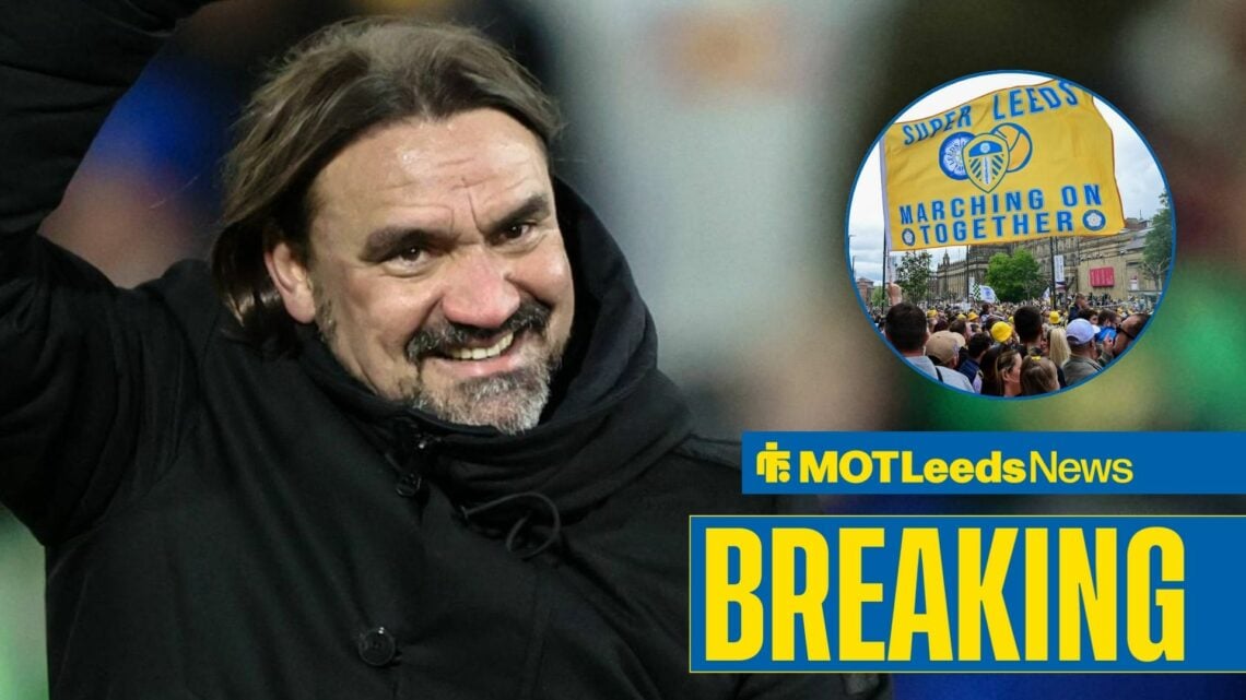 Leeds boss Daniel Farke looking happy, fans in inset.
