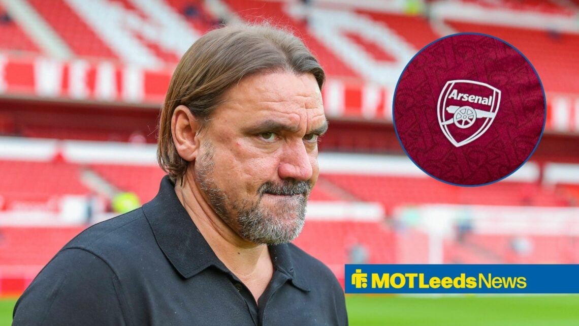 Leeds United manager Daniel Farke and Arsenal badge in circular inset