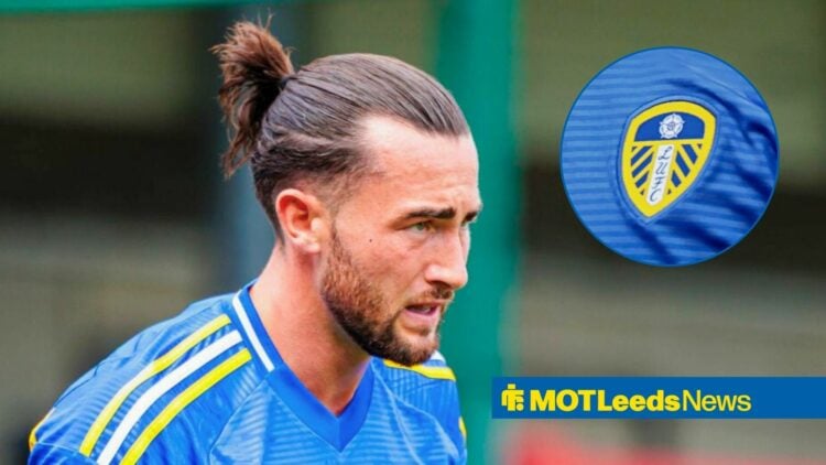 Jack Harrison and Leeds United badge in circular inset