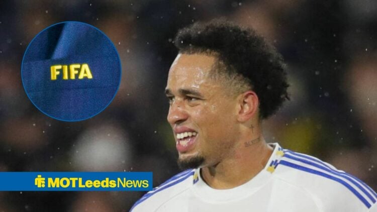 Leeds United forwrad Noah Okafor and FIFA badge in circular inset