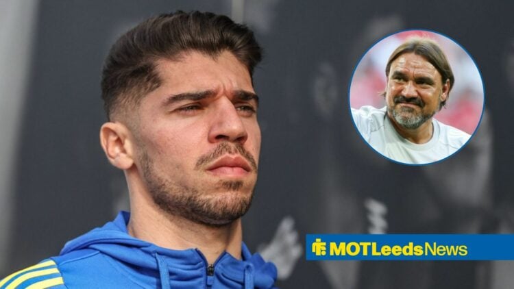 Former Leeds United winger Manor Solomon arrives at a game, as manager Daniel Farke smiles in a circular inset.