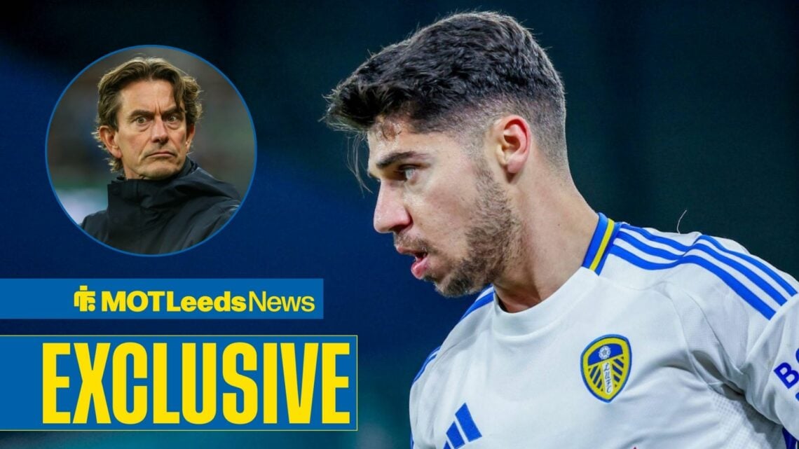 MOT Leeds News exclusive as Manor Solomon is in action during a game, while Tottenham manager Thomas Frank features in a circular inset.