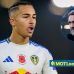 Leeds United loanee Mateo Joseph sticks his tongue out during a game, as Daniel Farke watches on from a circular inset.