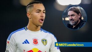 Leeds United loanee Mateo Joseph sticks his tongue out during a game, as Daniel Farke watches on from a circular inset.