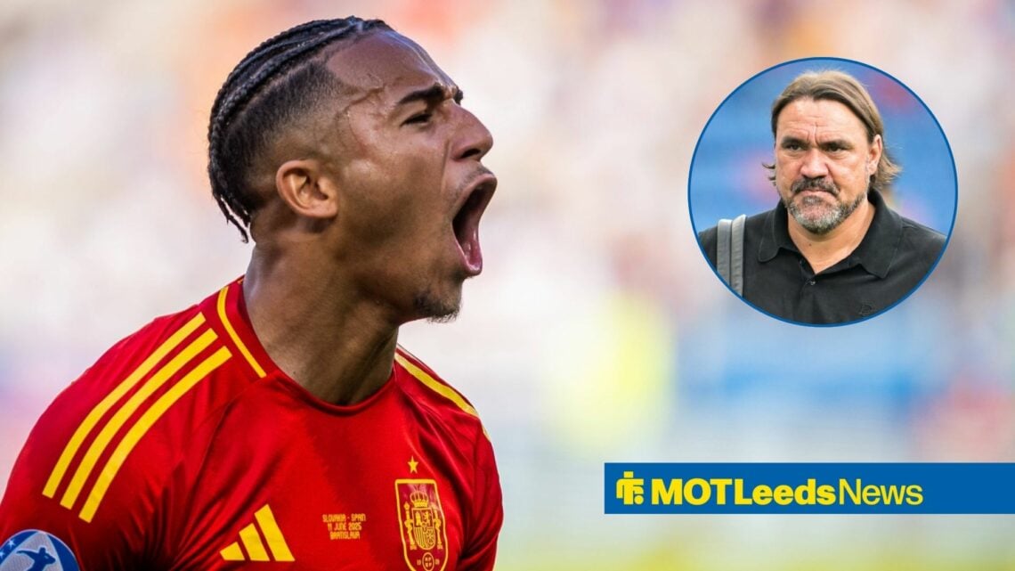Spain U21 international Mateo Joseph screams during a game, as leeds United manager Daniel Farke watches on with concern in a circular inset.