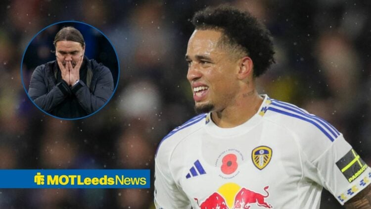 Leeds United star Noah Okafor stares concernedly towards a circular inset, where manager Daniel Farke has his hands on his head.