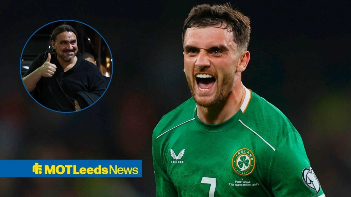 Troy Parrott celebrates in an Ireland shirt and Daniel Farke does a thumbs up in a round overlay
