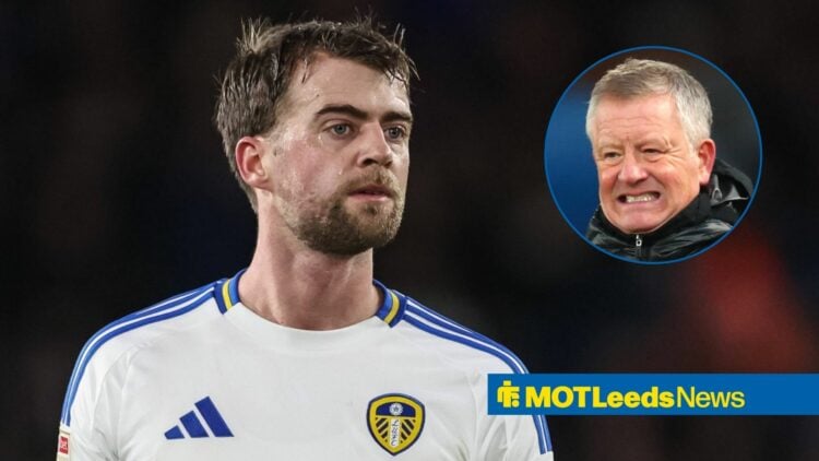 Patrick Bamford in a Leeds shirt, Chris Wilder looking upset.