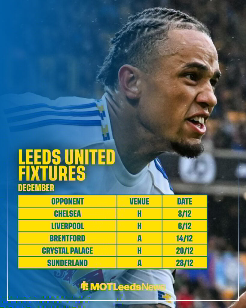 Leeds United fixture graphic with Noah Okafor in background celebrating