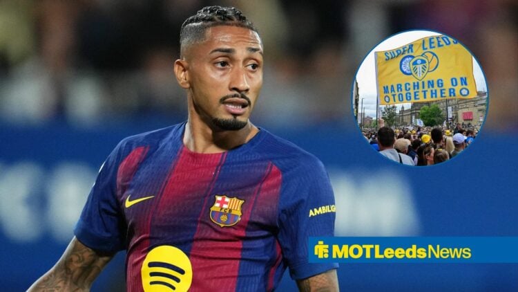 Barcelona winger Raphinha stares towards a circular inset, where Leeds United fans wave a flag.