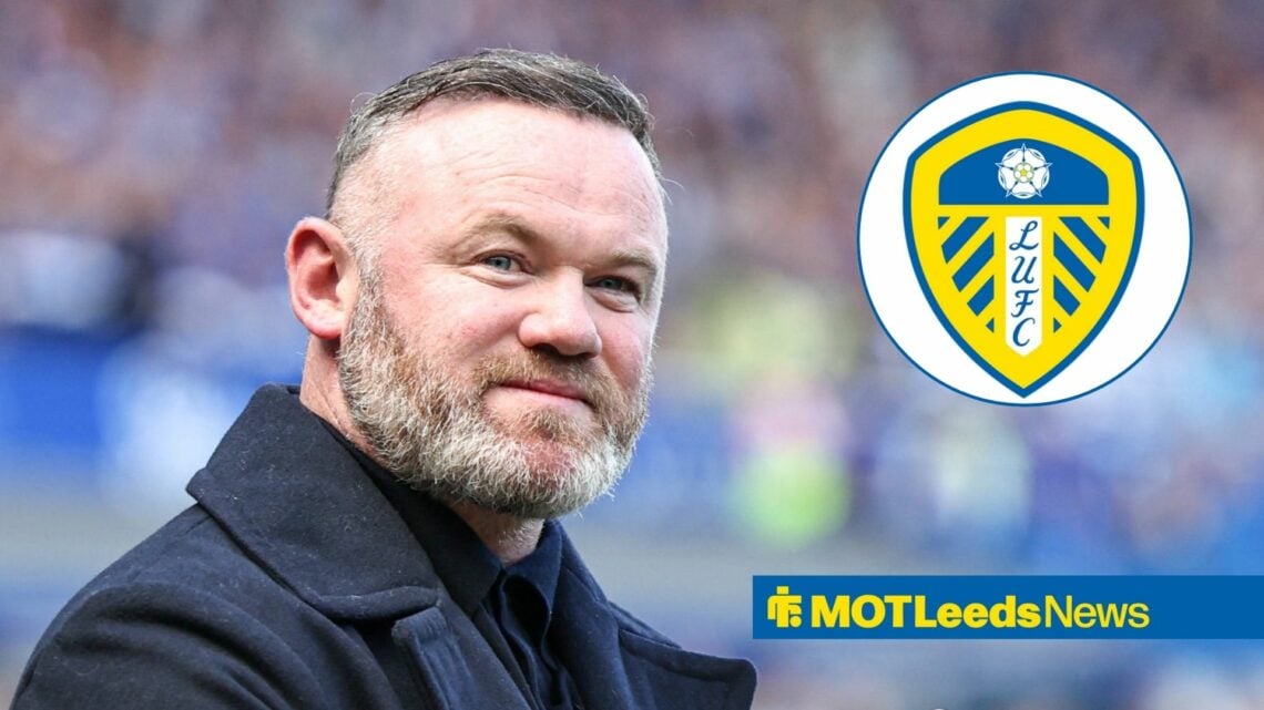 Wayne Rooney smiling at Leeds United badge in circular inset