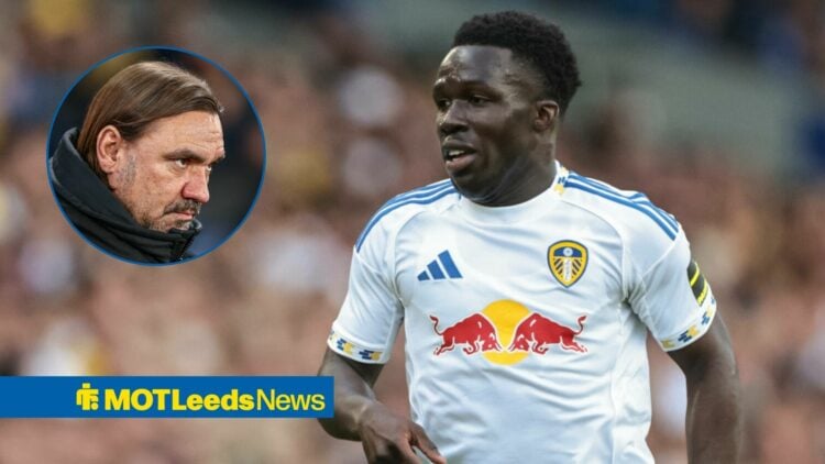 Leeds United star Willy Gnonto in action during a game, as manager Daniel Farke stares across menacingly from a circular inset.