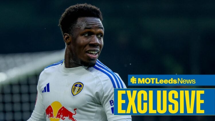 Willy Gnonto playing for Leeds with an exclusive banner