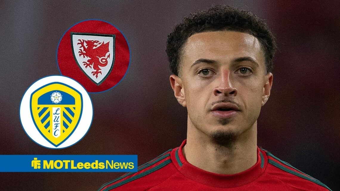 Ethan Ampadu looking at Wales and Leeds badges in circular insets