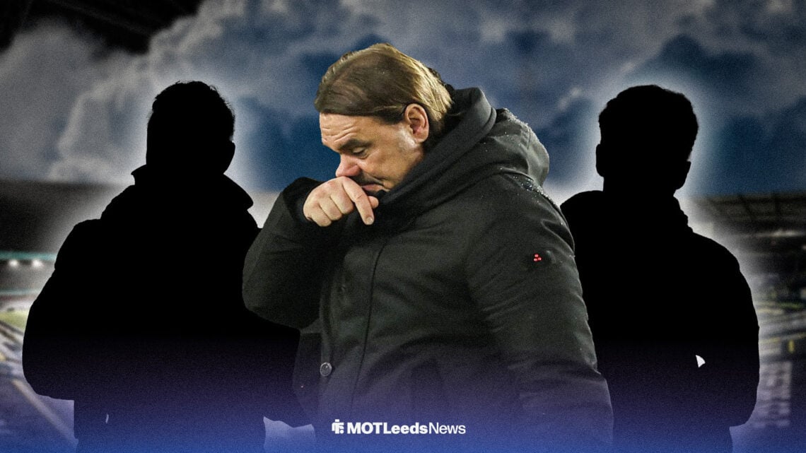 Leeds United boss Daniel Farke looking upset while ominous figures are behind him.