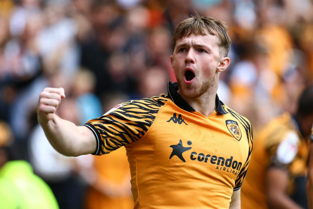 Joe Gelhardt celebrating in Hull shirt