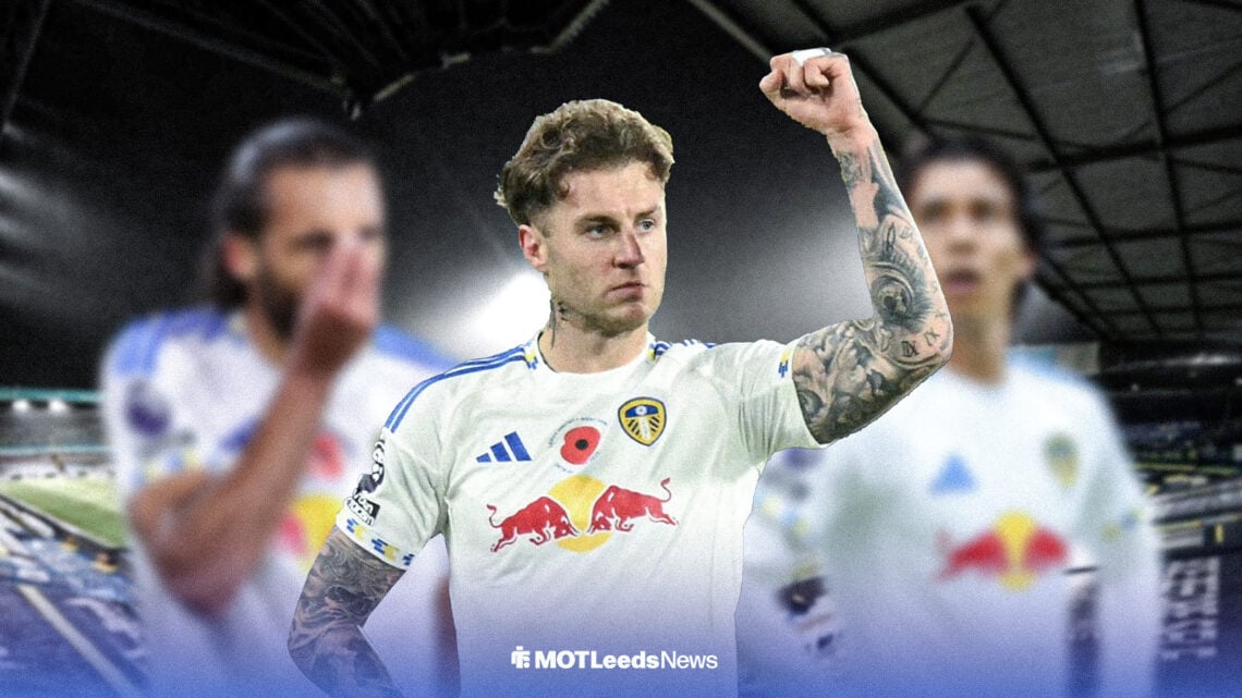 Joe Rodon celebrates, with two blurred Leeds teammates alongside him