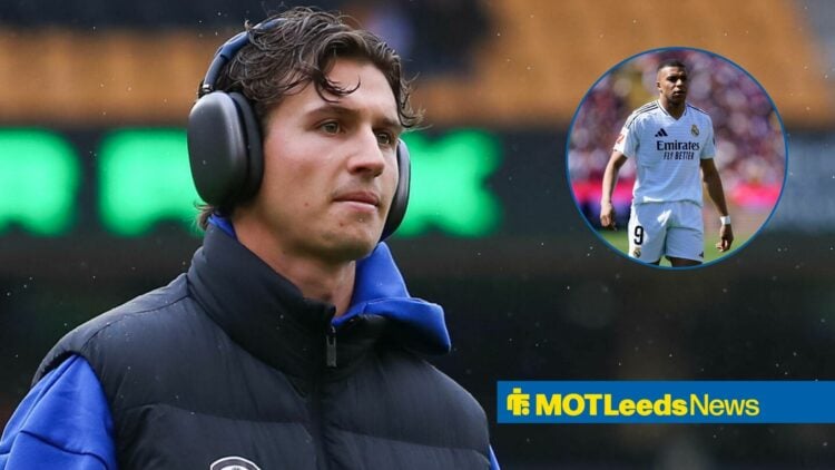 Brenden Aaronson looking right with Kylian Mbappe in circular inset