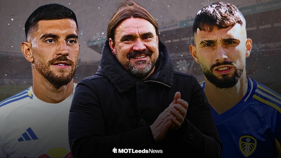 Lorenzo Pellegrini and Valentin Castellanos in Leeds shirts with a happy Daniel Farke in the middle. All stood outside a snowy Elland Road.