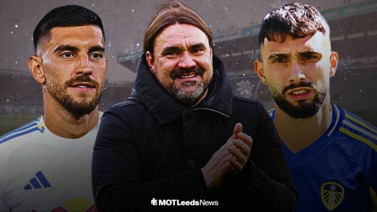Lorenzo Pellegrini and Valentin Castellanos in Leeds shirts with a happy Daniel Farke in the middle. All stood outside a snowy Elland Road.