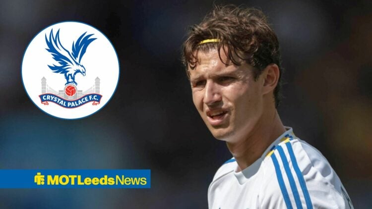 Brenden Aaronson looking annoyed towards a circle inset of the Crystal Palace badge