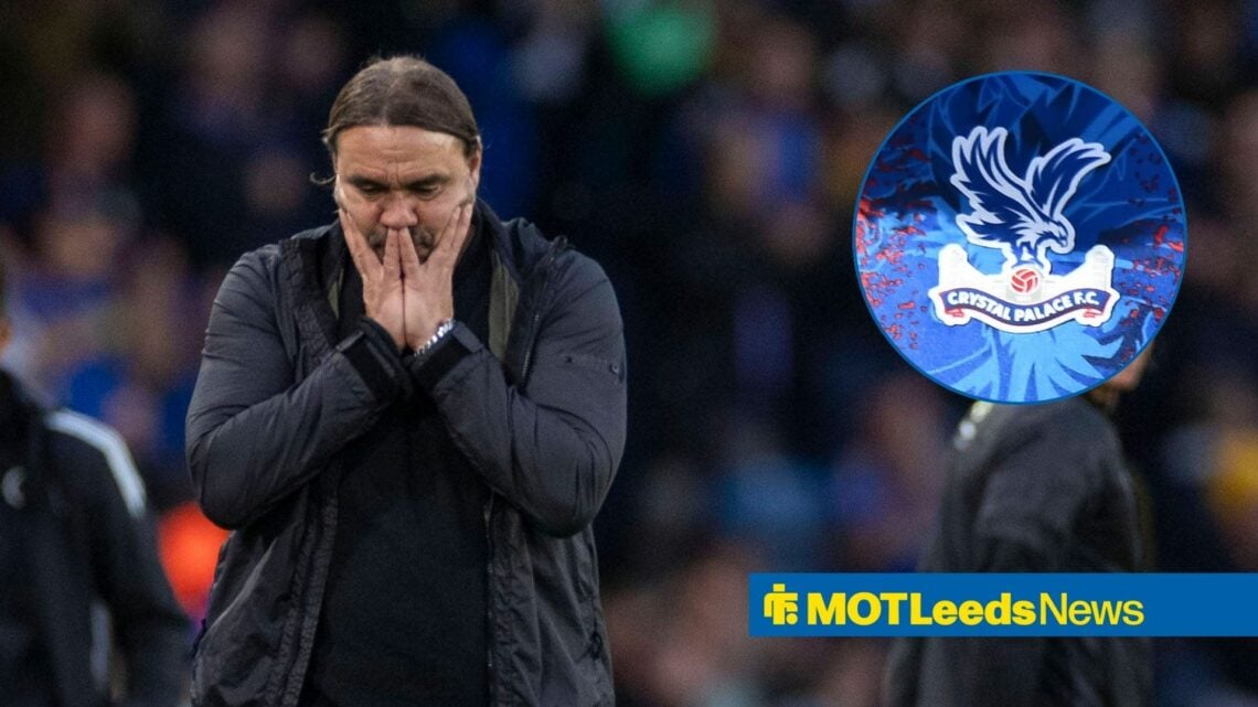 Daniel Farke looking sad with Crystal Palace logo in circle