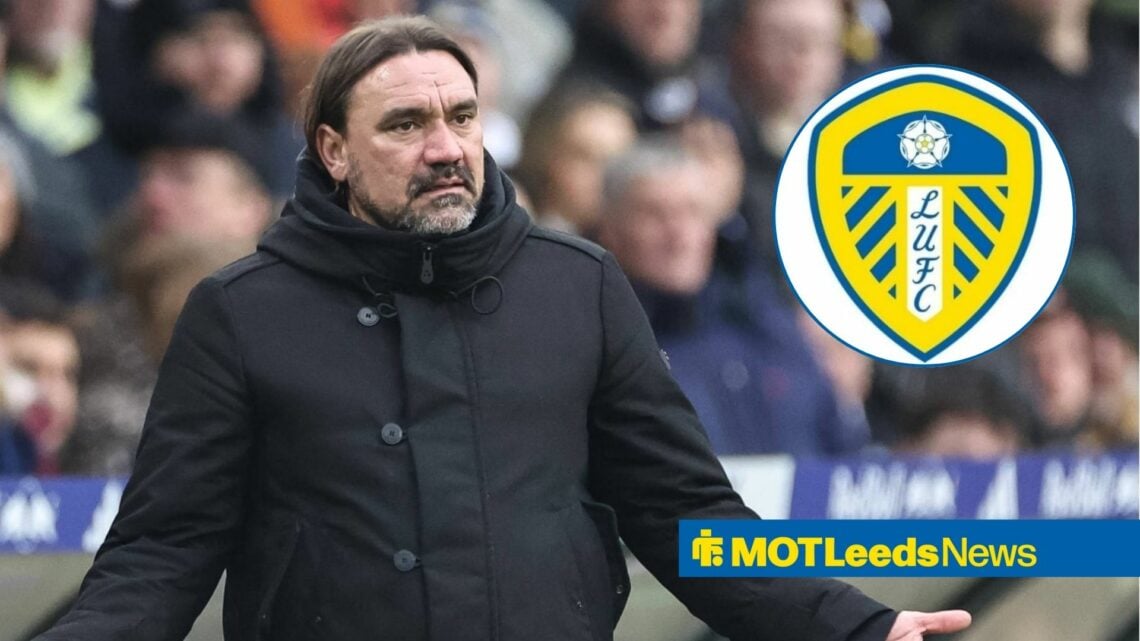 Daniel Farke looking stumped in the direction of the Leeds United badge.