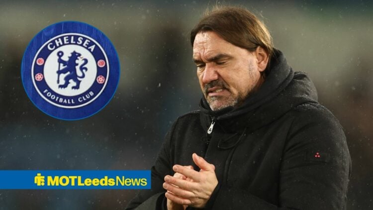 Daniel Farke looking annoyed towards a circle inset of the Chelsea badge