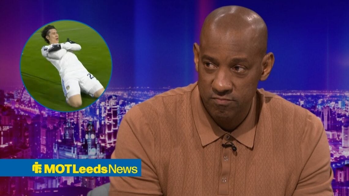 Dion Dublin looking annoyed on Match of the Day looking towards a circle inset of Ao Tanaka celebrating for Leeds United