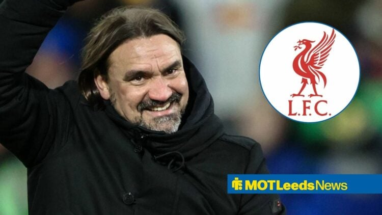 Daniel Farke smiling at Liverpool badge.