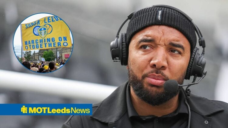 Troy Deeney alongside a circle inset of Leeds fans.