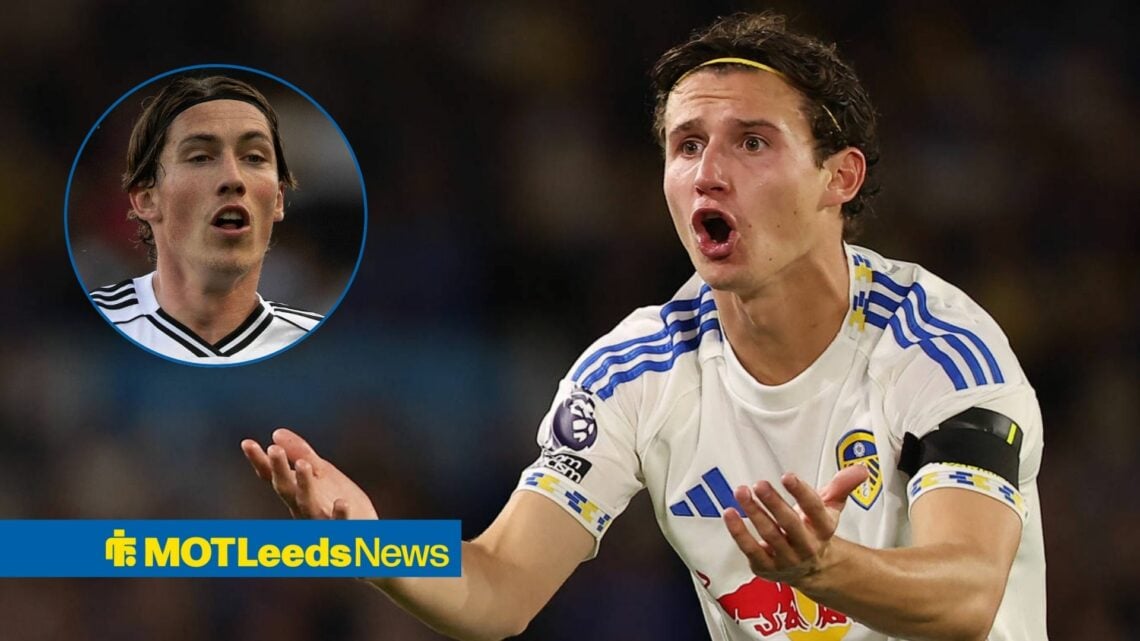 Brenden Aaronson looking annoyed while playing for Leeds United towards Harry Wilson in a circle inset