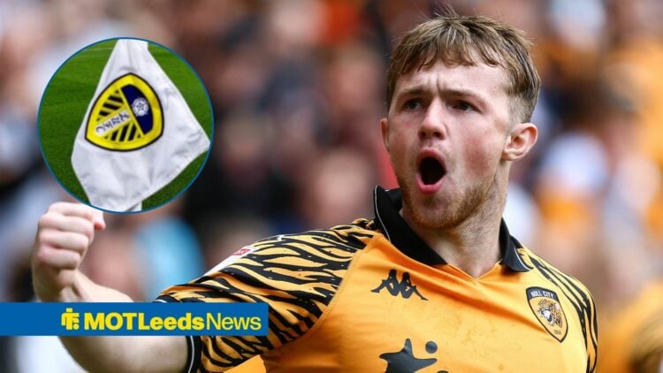 Joe Gelhardt looking at a corner flag with the Leeds United badge on.