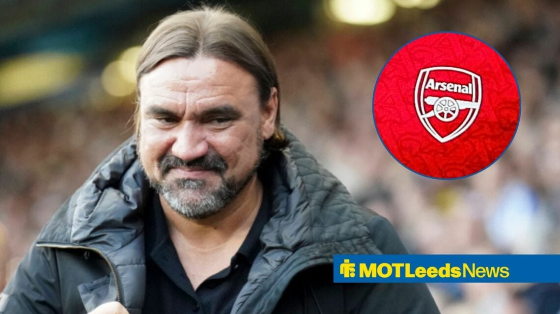 Daniel Farke with Arsenal badge in frame