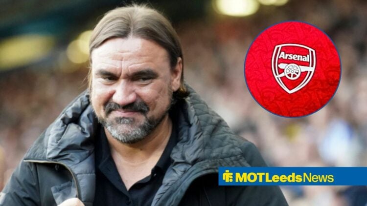 Daniel Farke with Arsenal badge in frame