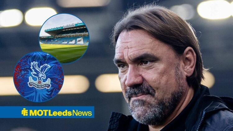 Daniel Farke looking at Elland Road and a Crystal Palace badge