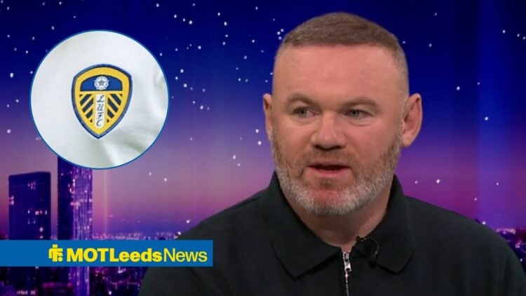 Wayne Rooney looking in direction of Leeds badge.