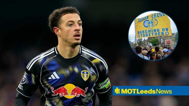 Ethan Ampadu alongside a circle inset of Leeds fans.