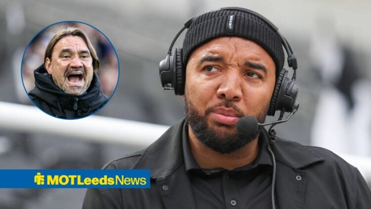 Troy Deeney looks towards a circular frame of Daniel Farke