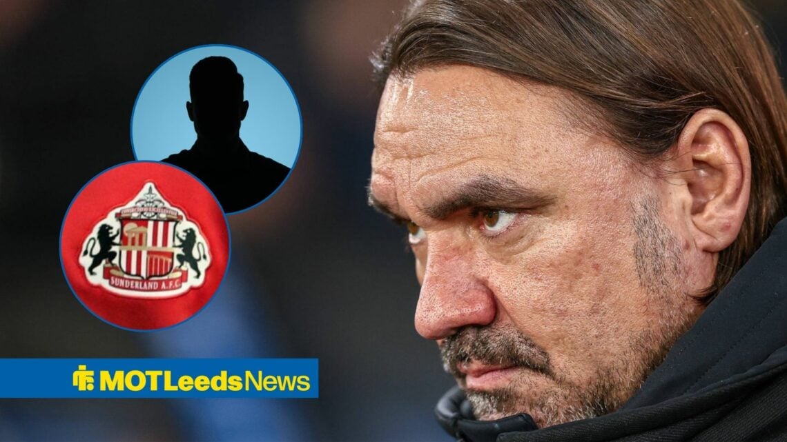 Daniel Farke with Sunderland badge in frame alongside anonymous figure
