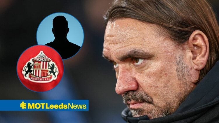 Daniel Farke with Sunderland badge in frame alongside anonymous figure