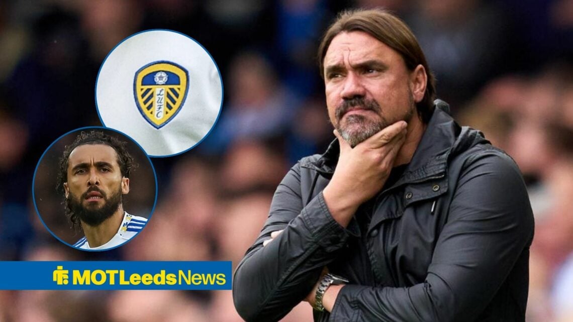 Daniel Farke looking towards the Leeds badge and Dominic Calvert-Lewin with a curious expression.