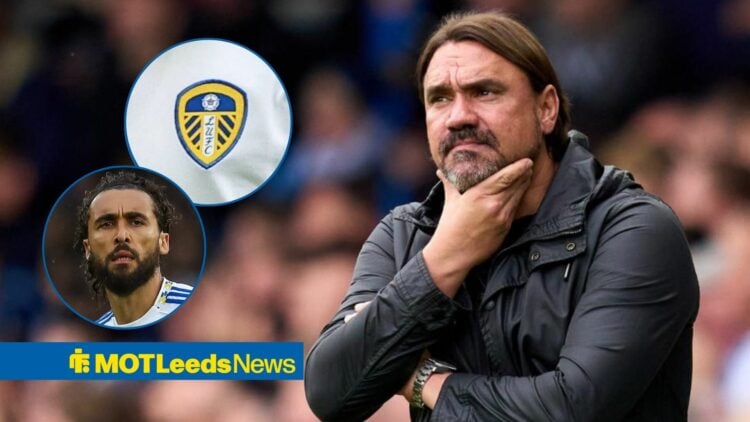 Daniel Farke looking towards the Leeds badge and Dominic Calvert-Lewin with a curious expression.